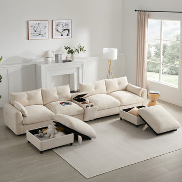 Modular Sectional Sofa Pull-line&Tufted Design USB Charger Movable Storage Ottoman Beige Chenille