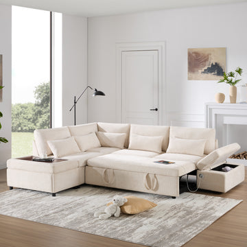 L-Shaped Sectional Sofa Adjustable Armrest USB&Type-C Charging Beige Chenille