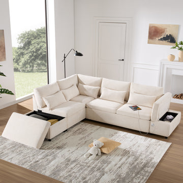 L-Shaped Sectional Sofa Adjustable Armrest USB&Type-C Charging Beige Chenille