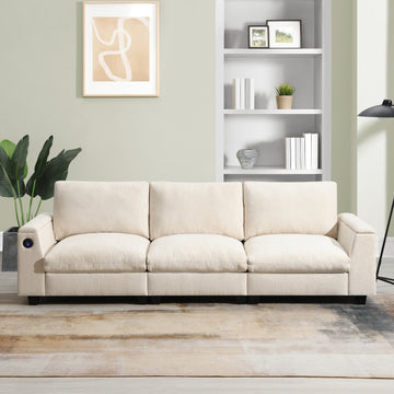3 Seat Beige Chenille Sectional Sofa with Bluetooth Speaker USB Charger Drop Down Table