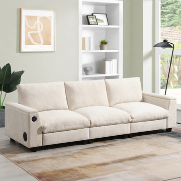 3 Seat Beige Chenille Sectional Sofa with Bluetooth Speaker USB Charger Drop Down Table
