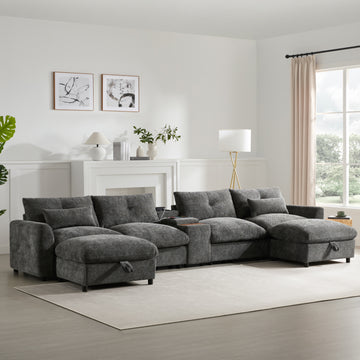 Modular Sectional Sofa Pull-line&Tufted Design USB Charger Movable Storage Ottoman Gray Chenille