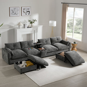 Modular Sectional Sofa Pull-line&Tufted Design USB Charger Movable Storage Ottoman Gray Chenille