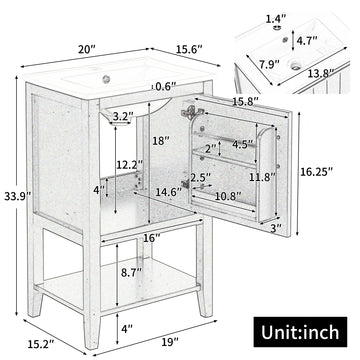 20 Inch Bathroom Vanity with Sink Cabinet with Soft Close Door Storage Rack and Open Shelf Grey