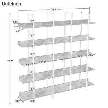 5 Tier Bookcase Home Office Open Bookshelf Vintage Industrial Style MDF White Metal Frame Oak