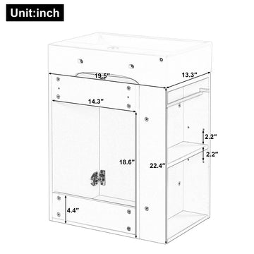 20 Inch Bathroom Vanity with Ceramic Sink Diamond Pattern Door Gold Handle Side Shelves and Towel Bar Black