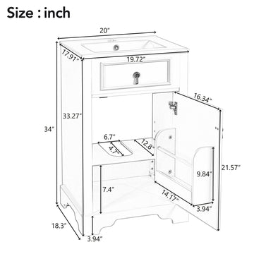 20 Inch Green Bathroom Vanity with Ceramic Sink Soft Close Door Adjustable U-Shaped Shelf Door Storage Rack MDF & Solid Wood