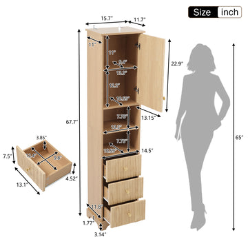 67.7 Inch Tall Freestanding Bathroom Cabinet with Door Adjustable Shelf 3 Drawers and Open Storage Wood Finish with Gold Handles