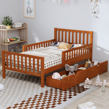 Twin Size Wood Platform Bed with Guardrails and Two Storage Drawers