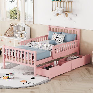 Twin Size Wood Platform Bed with Guardrails and Two Storage Drawers