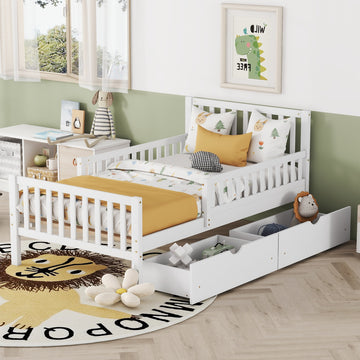 Twin Size Wood Platform Bed with Guardrails and Two Storage Drawers