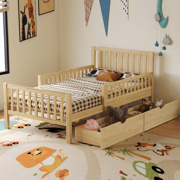 Twin Size Wood Platform Bed with Guardrails and Two Storage Drawers