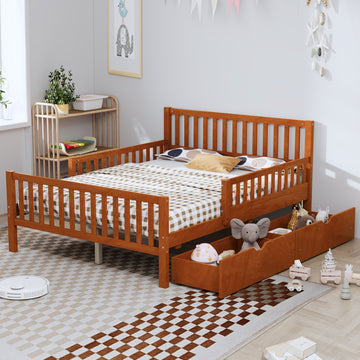 Full Size Wood Platform Bed with Guardrails and Two Storage Drawers