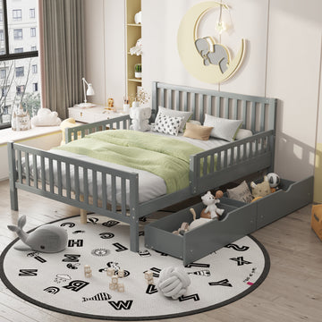 Full Size Wood Platform Bed with Guardrails and Two Storage Drawers