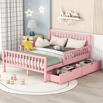 Full Size Wood Platform Bed with Guardrails and Two Storage Drawers
