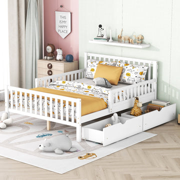 Full Size Wood Platform Bed with Guardrails and Two Storage Drawers