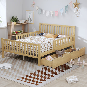 Full Size Wood Platform Bed with Guardrails and Two Storage Drawers