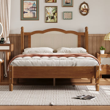 Full Size Wooden Platform Bed with Rattan Headboard and Minimalist Style