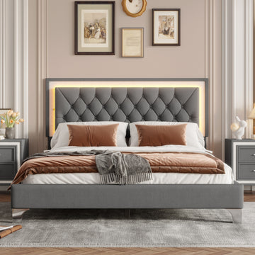 Queen Size Upholstered Bed Frame with LED Lights and Tufted Headboard