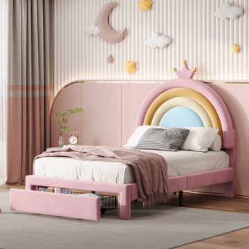 Twin Size Upholstered Rainbow Design Bed with Storage Drawer