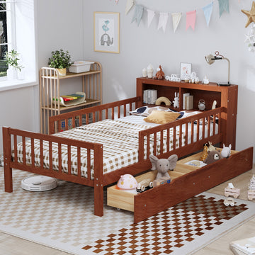 Twin Size Bed with Headboard Storage Safety Guardrails and 2 Drawers