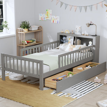 Twin Size Bed with Headboard Storage Safety Guardrails and 2 Drawers