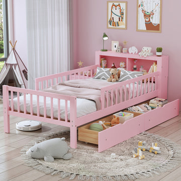 Twin Size Bed with Headboard Storage Safety Guardrails and 2 Drawers