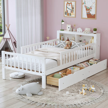 Twin Size Bed with Headboard Storage Safety Guardrails and 2 Drawers