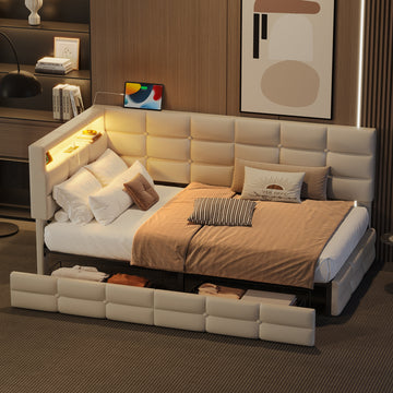 Twin Size Upholstered Daybed with 2 Drawers Charging Station and LED Lights