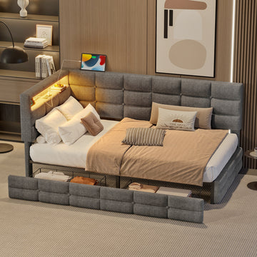 Twin Size Upholstered Daybed with 2 Drawers Charging Station and LED Lights