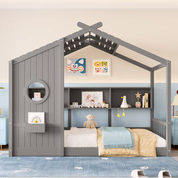 Twin Size Montessori Floor Bed with Roof Design and Storage Shelf