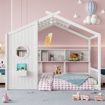 Twin Size Montessori Floor Bed with Roof Design and Storage Shelf