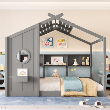 Full Size Montessori Floor Bed with Roof Design and Storage Shelf