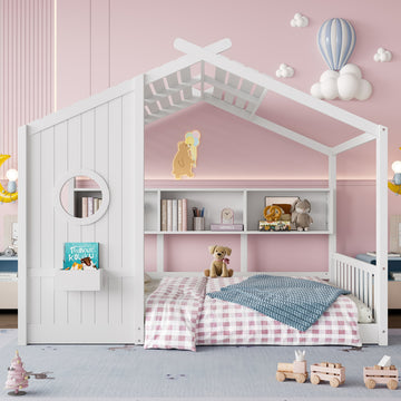 Full Size Montessori Floor Bed with Roof Design and Storage Shelf