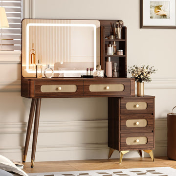 47 Vintage Makeup Vanity with Mirror and Lights, Makeup Vanity Desk with 5 Drawers and Storage Shelf, Rattan Drawer Design