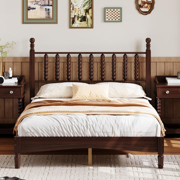 Full Size Wood Platform Bed with Gourd Shaped Headboard