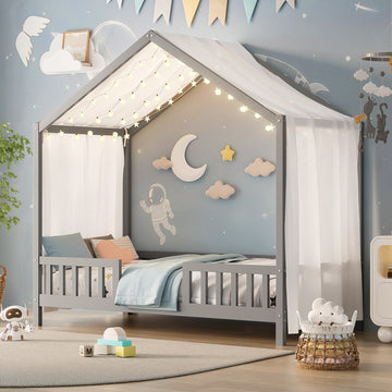 Twin Size Montessori House Bed with Canopy and 4 Side Guardrails