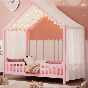 Twin Size Montessori House Bed with Canopy and 4 Side Guardrails