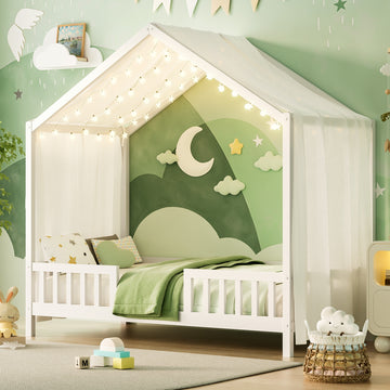 Twin Size Montessori House Bed with Canopy and 4 Side Guardrails