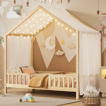 Twin Size Montessori House Bed with Canopy and 4 Side Guardrails