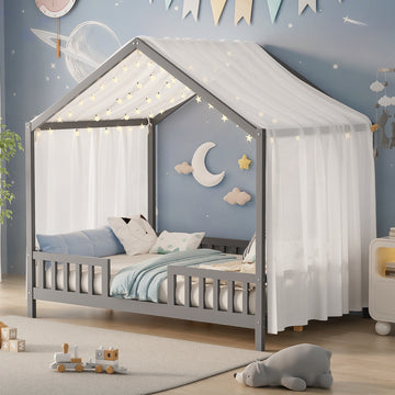 Full Size Montessori House Bed with Canopy and 4 Side Guardrails