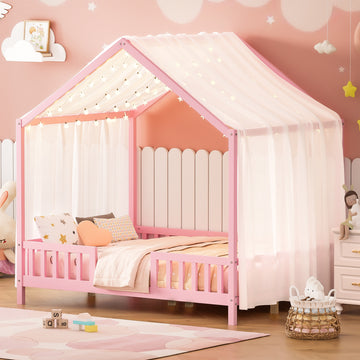 Full Size Montessori House Bed with Canopy and 4 Side Guardrails