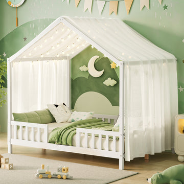 Full Size Montessori House Bed with Canopy and 4 Side Guardrails