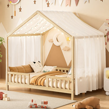 Full Size Montessori House Bed with Canopy and 4 Side Guardrails