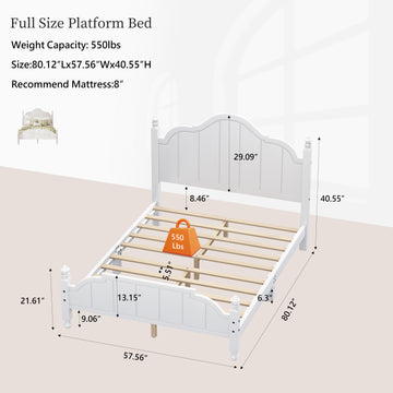 Full Size Wooden Bed Frame with Headboard Vintage Platform Bed with Slats Support Easy Assembly White