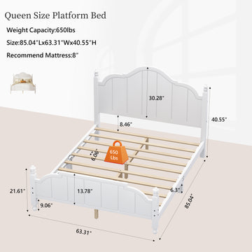 Queen Size Wooden Bed Frame with Headboard Vintage Platform Bed with Slats Support Easy Assembly White