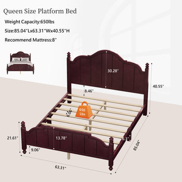 Queen Size Wooden Bed Frame with Headboard Vintage Platform Bed with Slats Support Easy Assembly Espresso