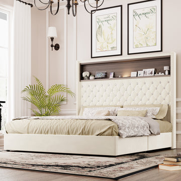 Queen Size Velvet Tufted Bed Frame with USB Port and Night Light