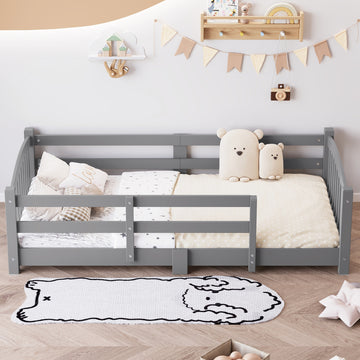 Twin Montessori Floor Bed with Safety Guardrails and Solid Wood