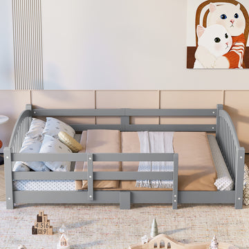 Full Montessori Floor Bed with Safety Guardrails and Solid Wood
